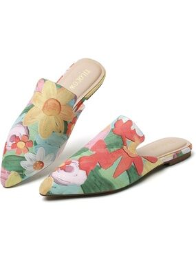 🆕 Womens Green Shoes Floral Pointed Toe Flat Backless Slipper Mule Slides